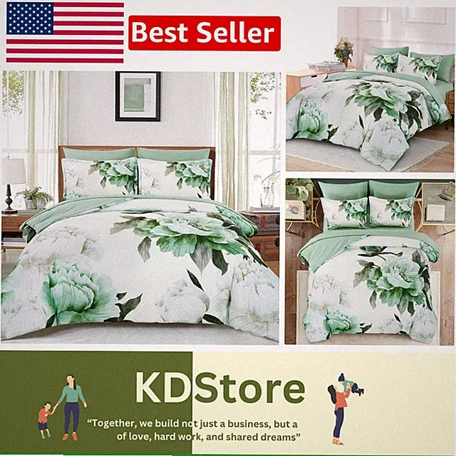 7-Piece King Bedding Set - Elegant Sage Floral Design with Sheets and Shams