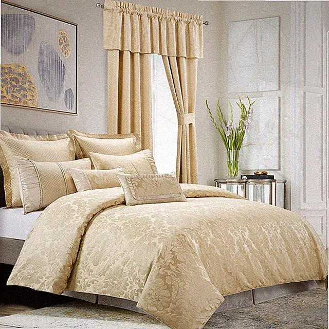 9PC Sara Jacquard Bedding Set has a Duvet Cover Set with Comforter and Bedskirt