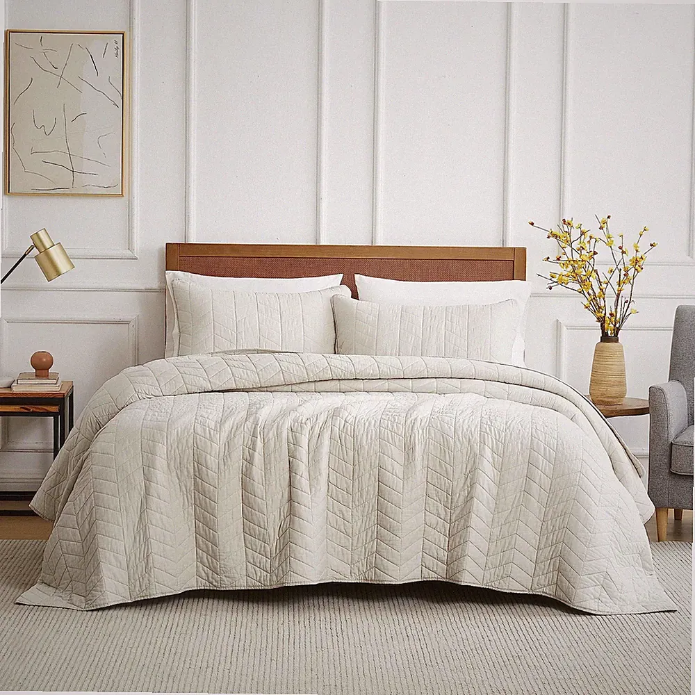 Beige Cotton Quilt California Cal King Size Bedding Sets with Pillow Shams, W...