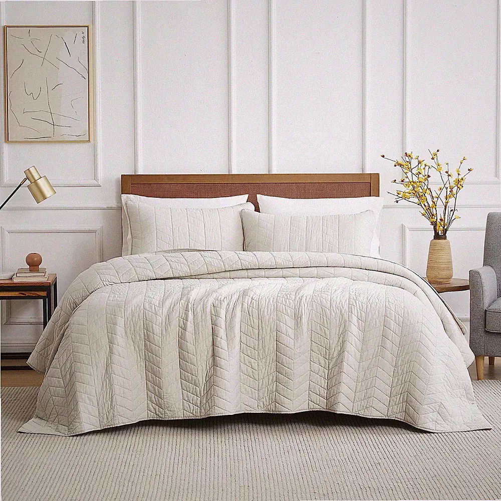 Beige Cotton Quilt King Size Bedding Sets with Pillow Shams,White Lightweight...
