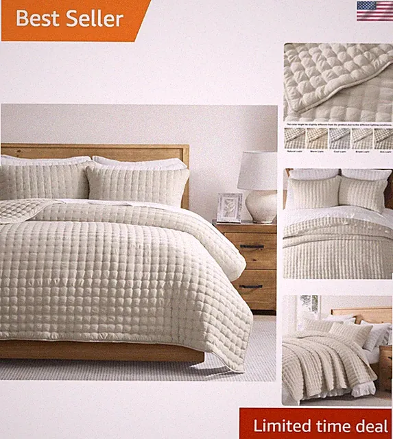 Beige King Size Quilt Bedding Sets with 2 Pillow Shams, Neutral Lightweight S...