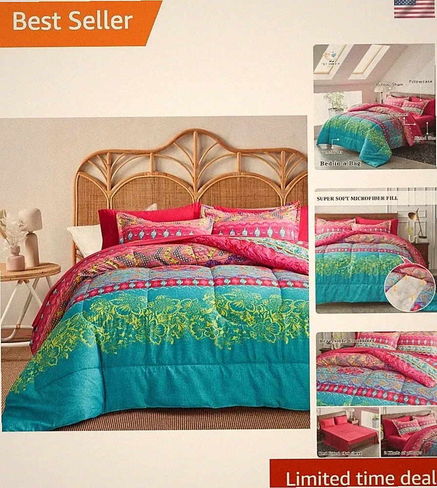 Colorful King Size 7-Piece Bohemian Bedding Set - Soft Microfiber Comfort