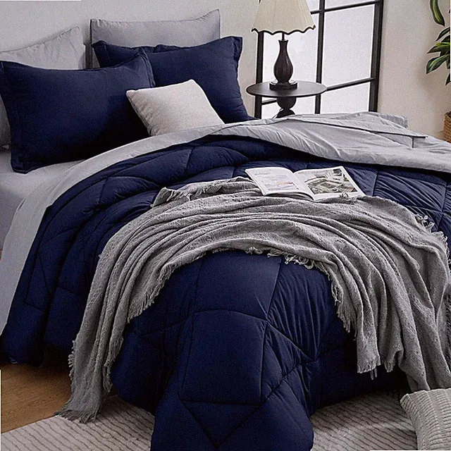 Contemporary California King Bedding Set - 7 Pieces of Navy Blue & Grey Comfort