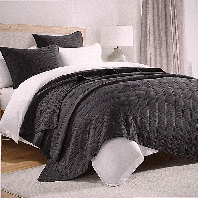 Cozy 100% Cotton King Quilt Set, Charcoal Geometric Design with 2 Shams