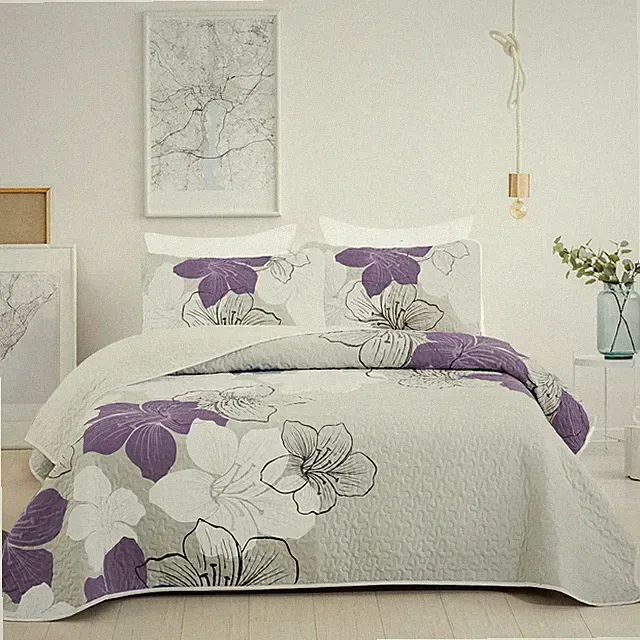 Elegant Purple Floral Quilt Set - 3 Pieces Queen Bedspread with Pillow Shams