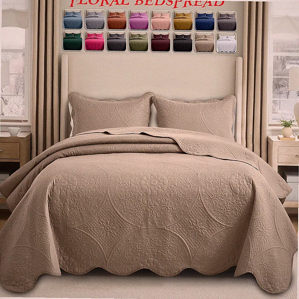 Floral Embossed Quilt Bedding Set Soft Reversible Bedspread with Pillow Shams