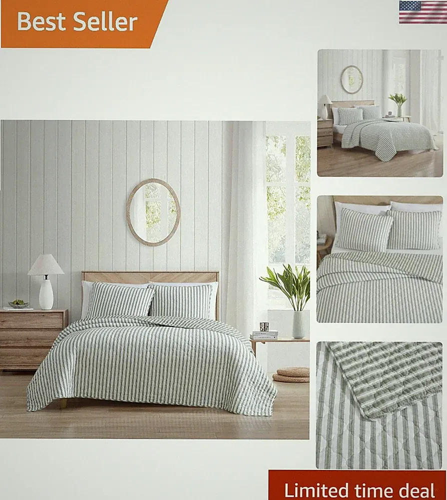 King Quilt Set, Reversible Cotton Bedding with Matching Shams, Striped Ideal...