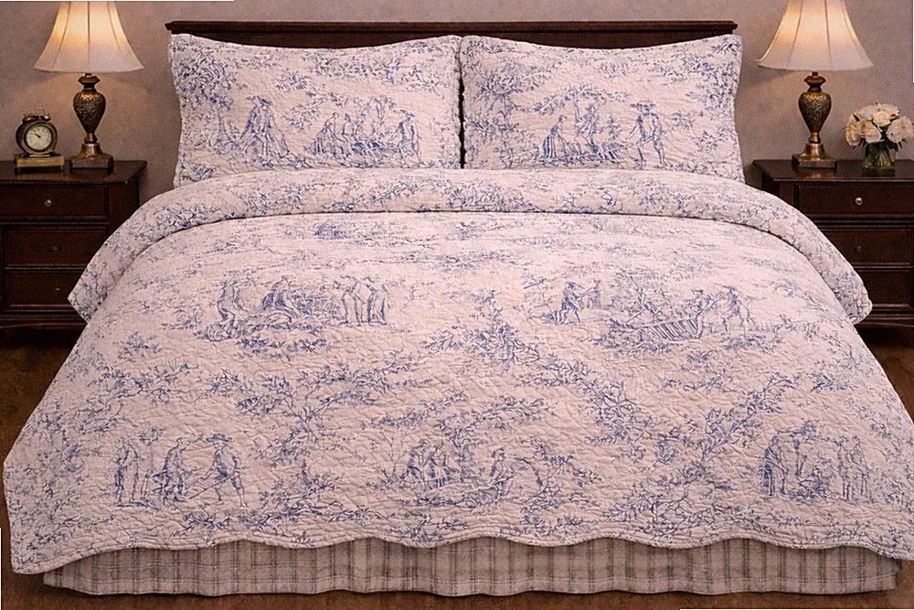 King Toile Quilt Set 100% Cotton 4pc Bedspread with 2 Shams+ 1 Bedskirt