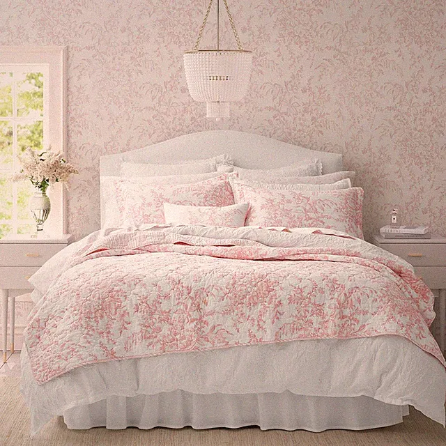 Laura Ashley Twin Pink Bedding Set Quilt With Shams Elegant Toile Design