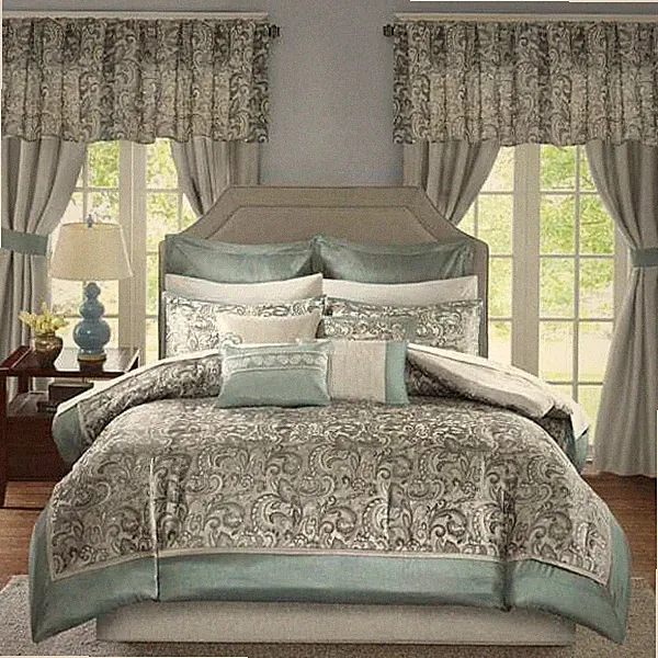 Queen Cal King Bed Bag Blue Gray Paisley Scroll 24 pc Comforter Sheet Window Set